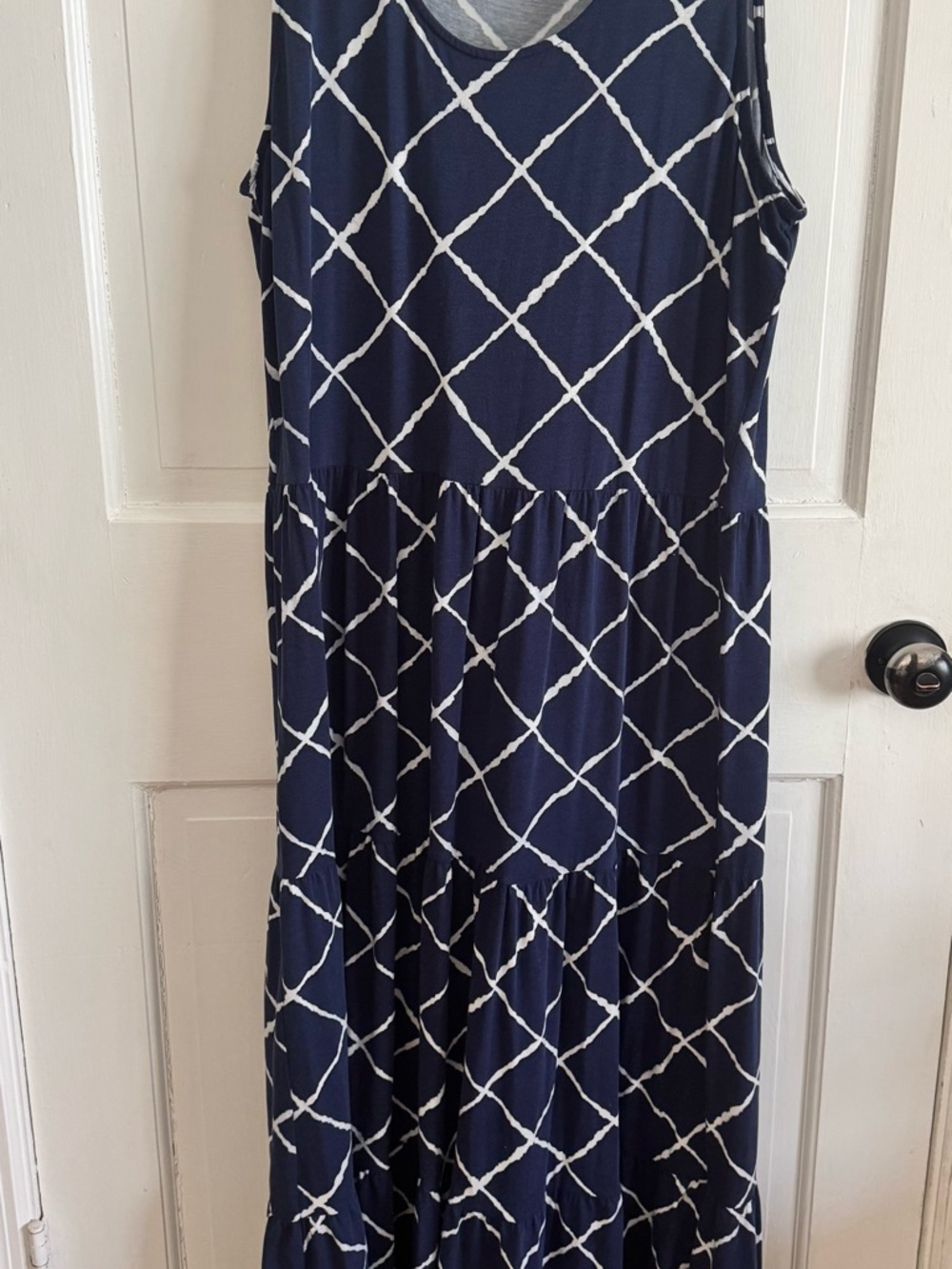 Lands' End Navy Blue Maxi Dress with White Lattice Print